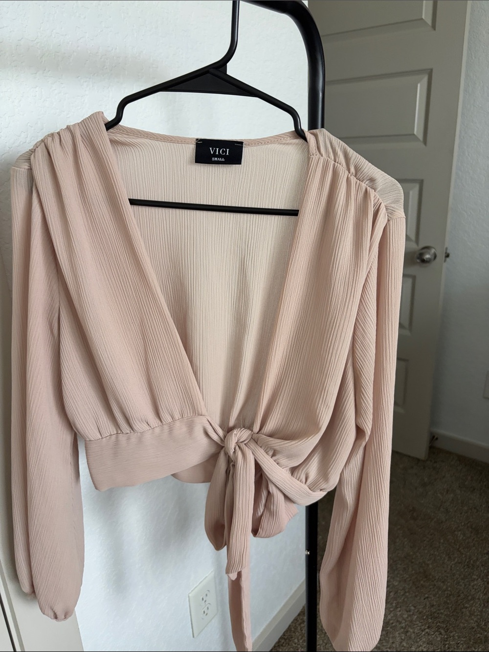 VICI Blush Pink Tie-Front Long Sleeve Cropped Top